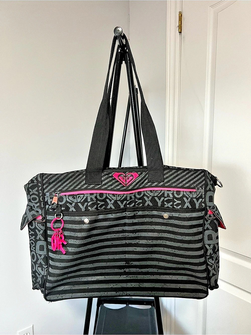Roxy Vintage Y2K Black Pink Logo Large Tote Travel Shoulder Bag